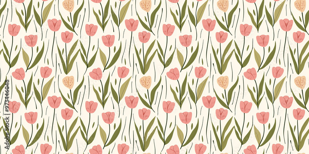 fun-loving, whimsical charm and playfulness illustration pattern of soft pink tulip heads on an ivory background