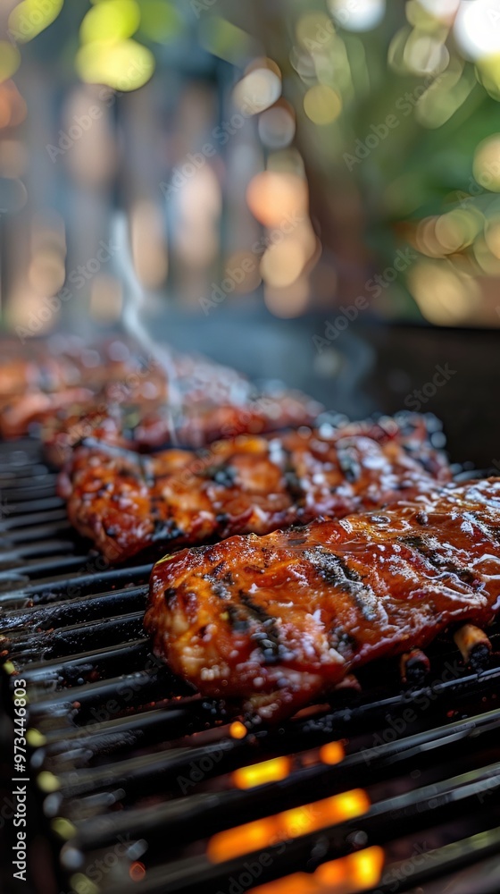 Tender ribs with a smoky marinade grilling on the barbeque, exuding a mouth-watering aroma and coated with a rich, savory glaze while flames flicker below. Tender ribs with a smoky marinade grilling on the barbeque, exuding a mouth-watering aroma and coated with a rich, savory glaze while flames flicker below.