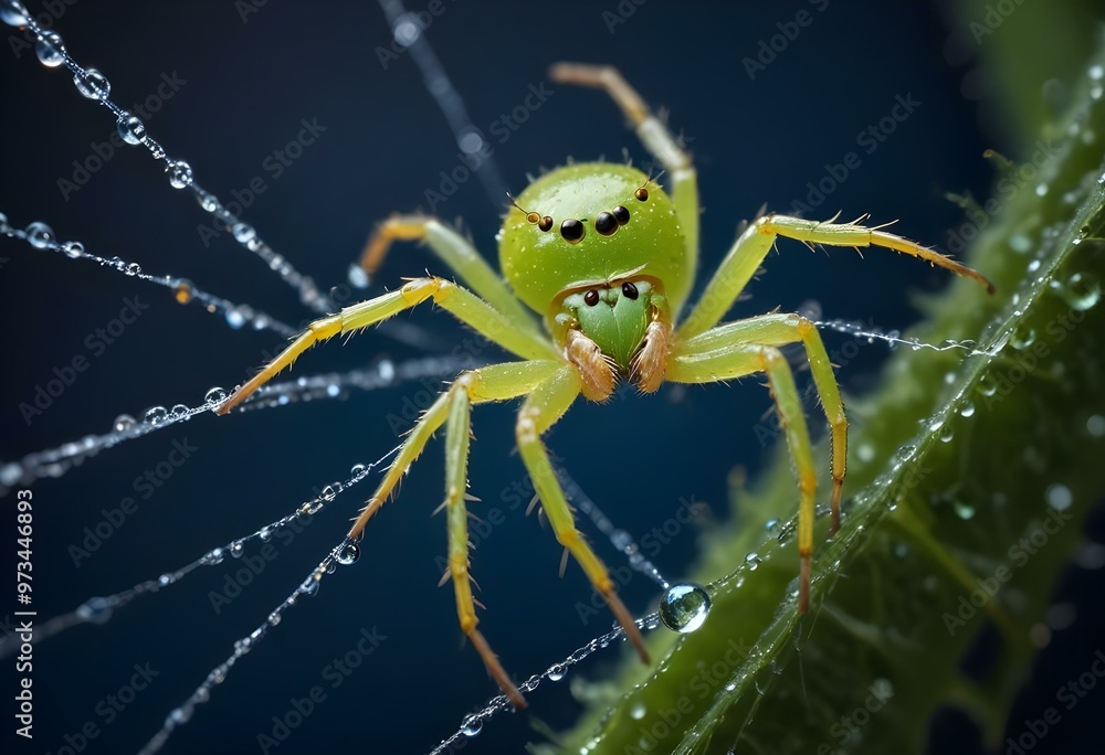 A green spider on a web with dew drops A green spider on a web with dew drops