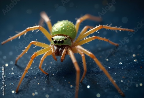 A green spider on a web with dew drops