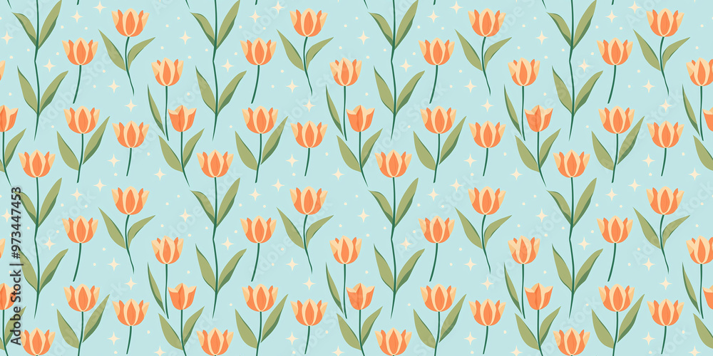fun-loving, seamless pattern of soft orange tulips with light mint green leaves on a sky blue star-patterned background fun-loving, seamless pattern of soft orange tulips with light mint green leaves on a sky blue star-patterned background