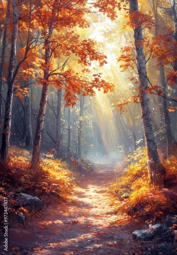 The road leads through a dense forest full of autumn-colored trees