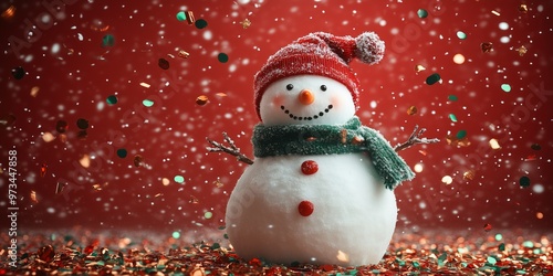 A traditional real snowman with a green scarf and a red hat on a red solid color background with flying red gold and green metallic confetti  photo