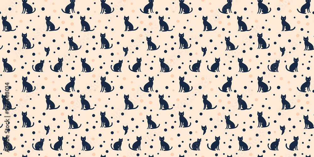 fun-loving, seamless pattern of navy blue cat silhouettes on a pale peach polka dot background fun-loving, seamless pattern of navy blue cat silhouettes on a pale peach polka dot background