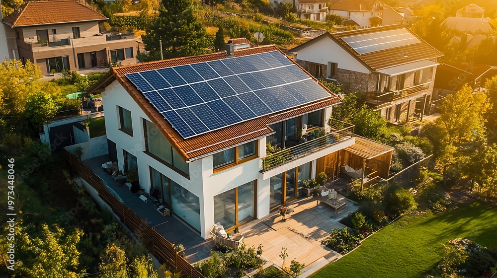 Modern house with solar panels on the roof, aerial view Modern house with solar panels on the roof, aerial view