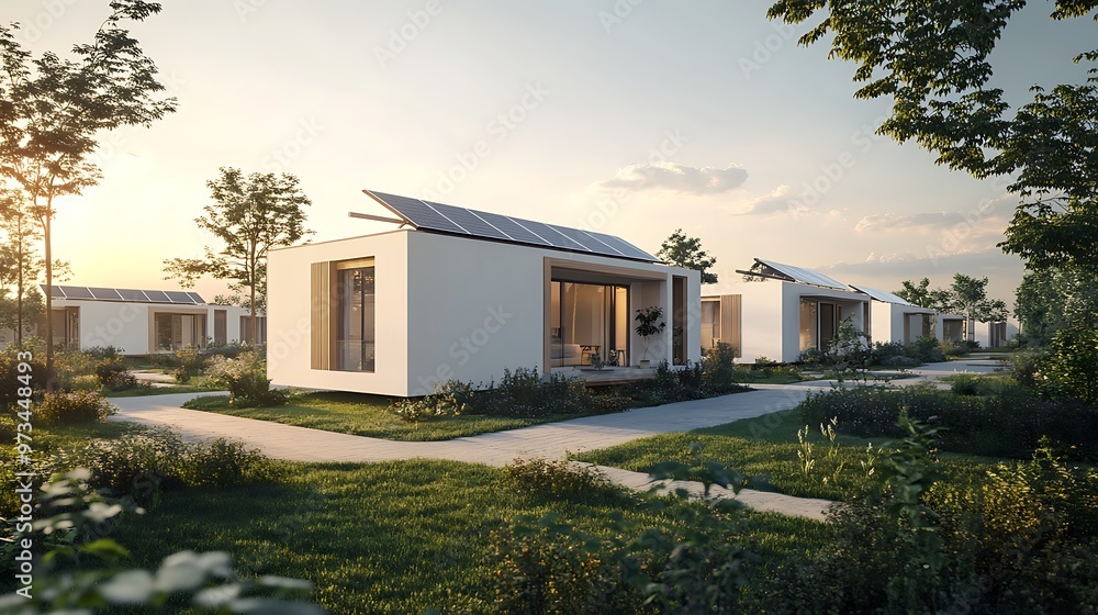 Modern sustainable homes with solar panels and green lawns, eco friendly village concept Modern sustainable homes with solar panels and green lawns, eco friendly village concept