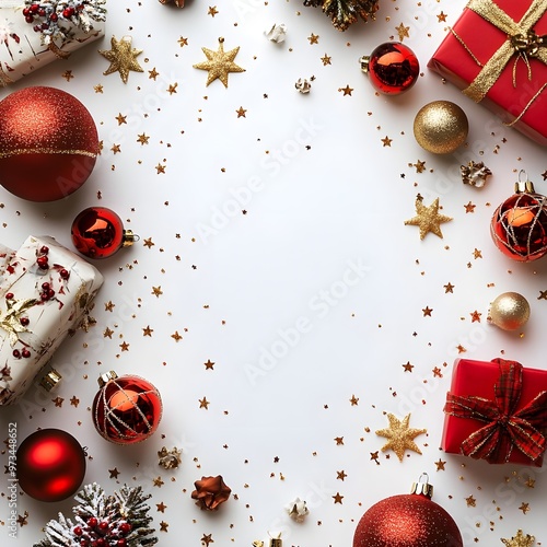 Festive Christmas Ornament and Gift Flat Lay