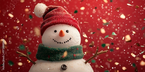 A traditional real snowman with a green scarf and a red hat on a red solid color background with flying red gold and green metallic confetti  photo