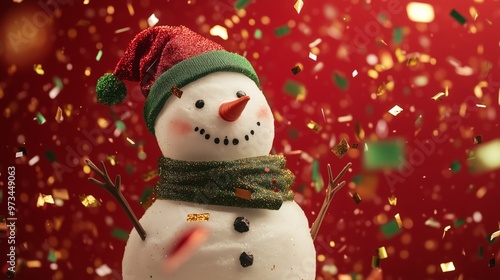 A traditional real snowman with a green scarf and a red hat on a red solid color background with flying red gold and green metallic confetti  photo