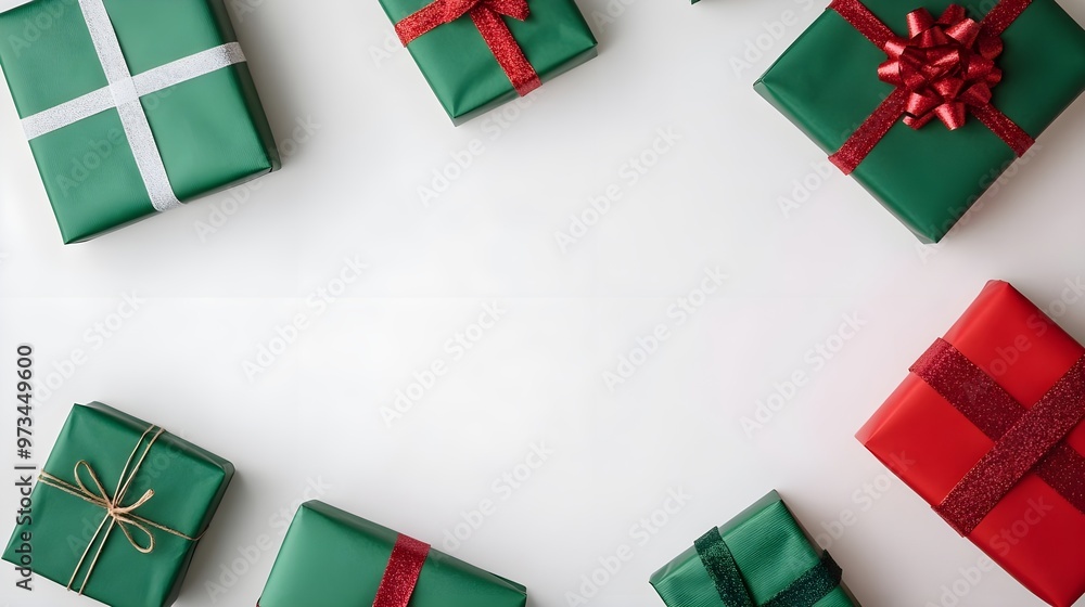 Green and Red Gift Boxes on White Background - Festive Holiday Green and Red Gift Boxes on White Background - Festive Holiday