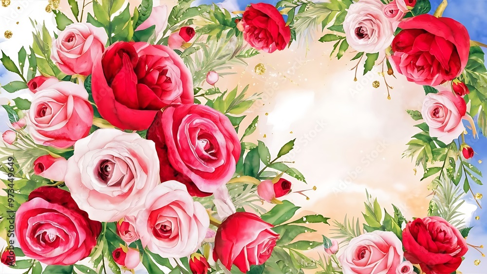 Greeting card with roses, watercolor, can be used as invitation card for wedding, birthday and other holiday and summer background Greeting card with roses, watercolor, can be used as invitation card for wedding, birthday and other holiday and summer background
