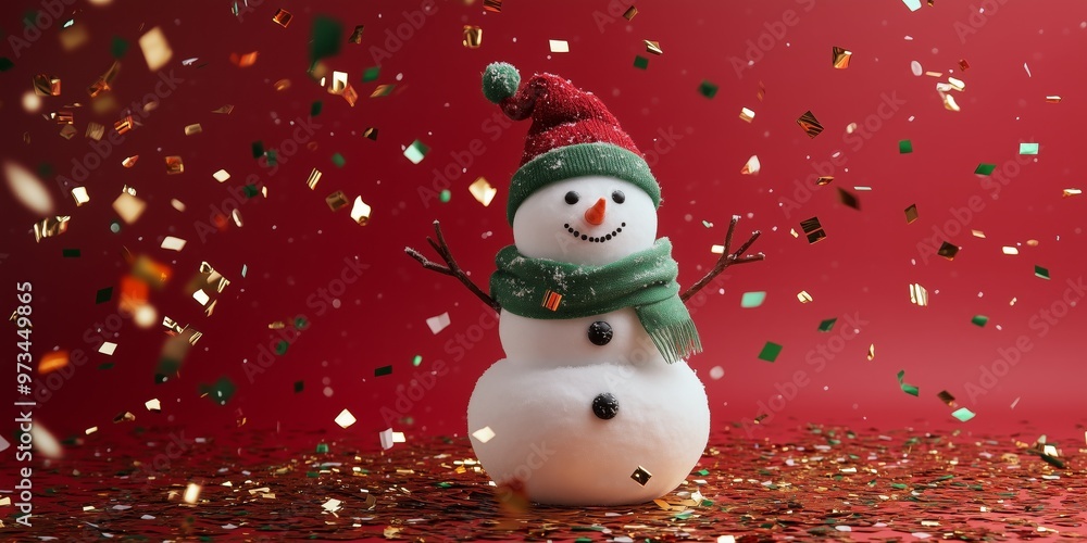 A traditional real snowman with a green scarf and a red hat on a red solid color background with flying red gold and green metallic confetti A traditional real snowman with a green scarf and a red hat on a red solid color background with flying red gold and green metallic confetti
