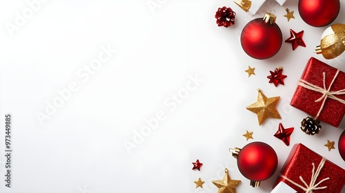 Red & Gold Christmas Decorations on White Background