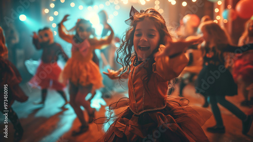 Costume Dance Party, a lively dance floor where kids and adults are in fun and spooky costumes, Halloween, with copy space