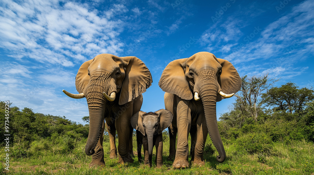 Fototapeta premium Mother Elephant with Calves Walking Through African Savanna