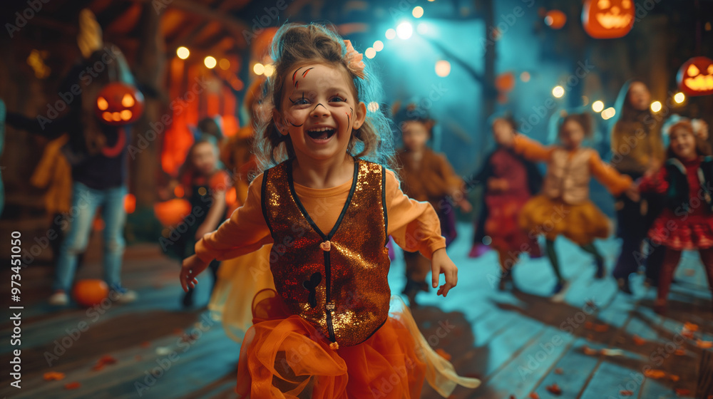 Obraz premium Costume Dance Party, a lively dance floor where kids and adults are in fun and spooky costumes, Halloween, with copy space