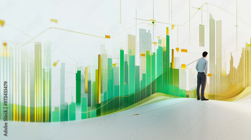 Abstract business man stands on the peak of success amid tall, innovative Smart city and graphs with statistics to analyze business potential and predict future developments in company growth. Abstract business man stands on the peak of success amid tall, innovative Smart city and graphs with statistics to analyze business potential and predict future developments in company growth.