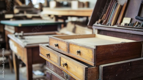 Vintage Wooden Furniture with Open Drawers