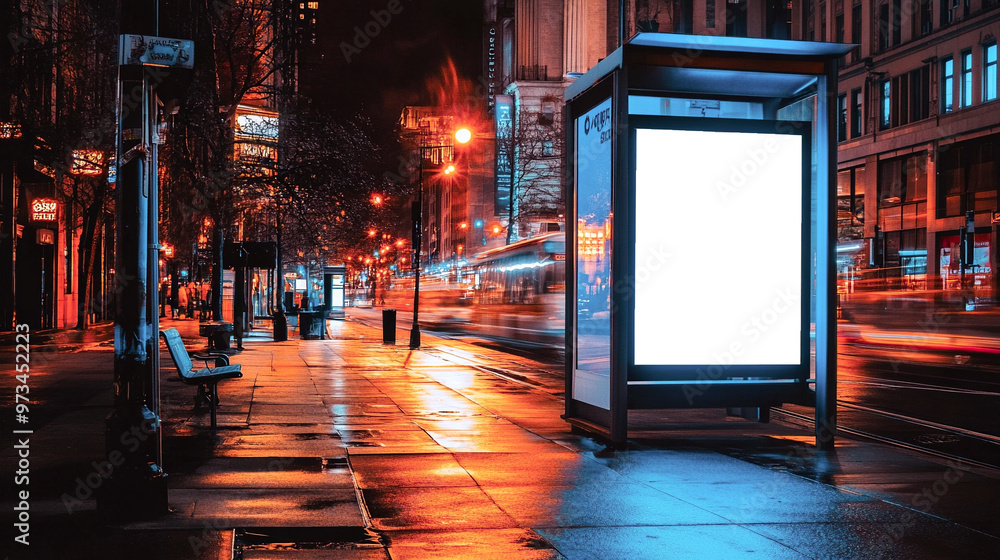 Parada de bus con cartel publicitario vacío en ciudad iluminada de noche Parada de bus con cartel publicitario vacío en ciudad iluminada de noche