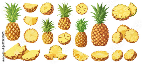 Pineapples. Yellow exotic fruit, juicy vegetarian tropical food full and cut on slices, set vector illustration