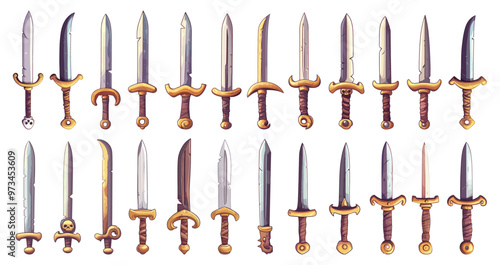 Pirates daggers. Steel vintage sword for nautical fighting, corsairs sharp antique saber ancient adventure equipment, set vector illustration