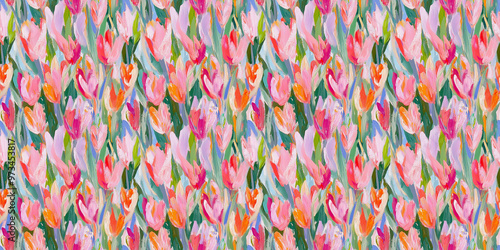 an impressionistic abstract painting pattern of tulips in a style reminiscent of fauvism or early modernism