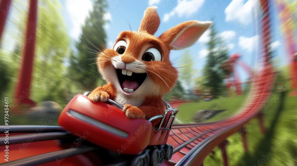 Cartoon Riding Rabbit A cheerful cartoon rabbit riding a rollercoaster, with wide eyes and a ...