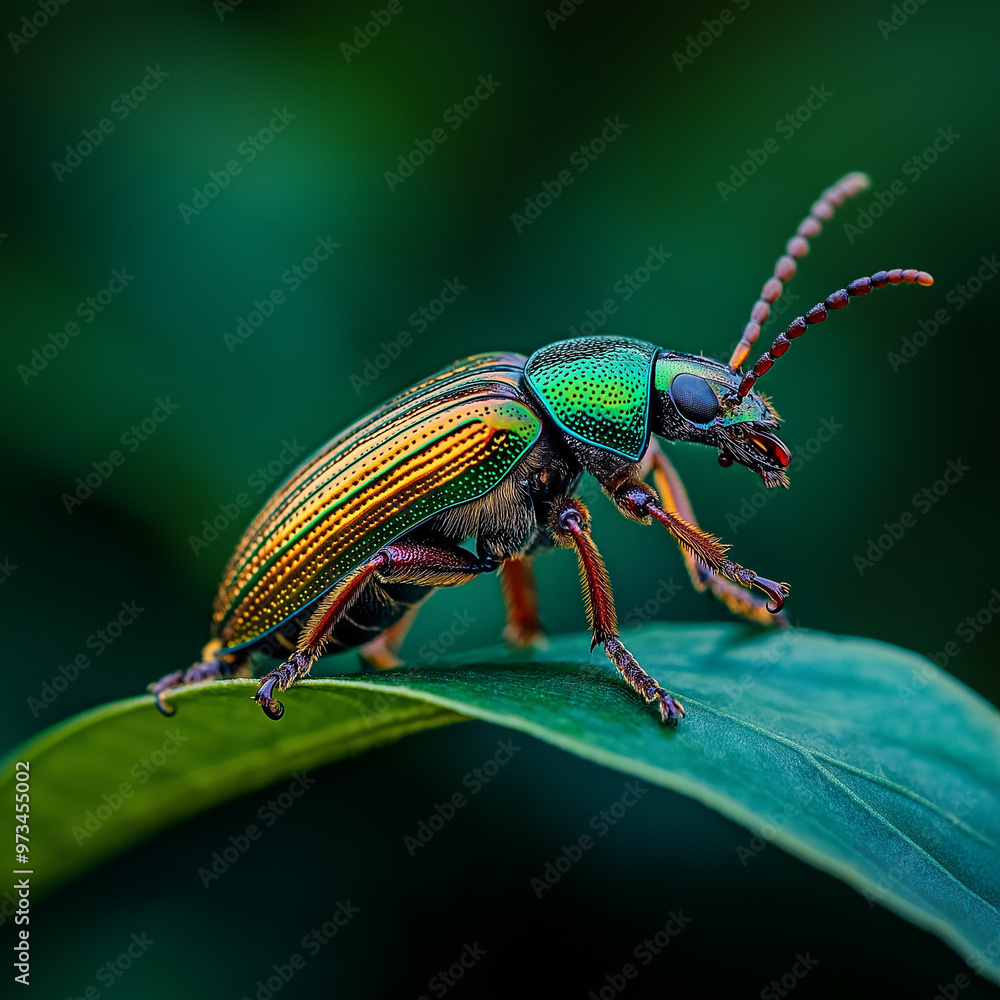 Metallic Green Beetle Crawling on Leaf in Macro Perspective Metallic Green Beetle Crawling on Leaf in Macro Perspective