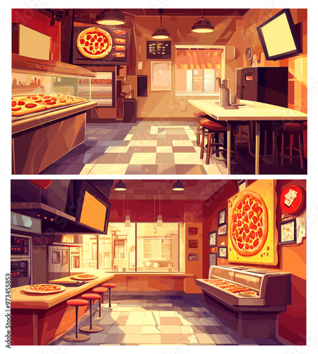 Pizzeria interiers. Pizza restaurant indoors backgrounds, italian food cozy cafe, set vector illustration