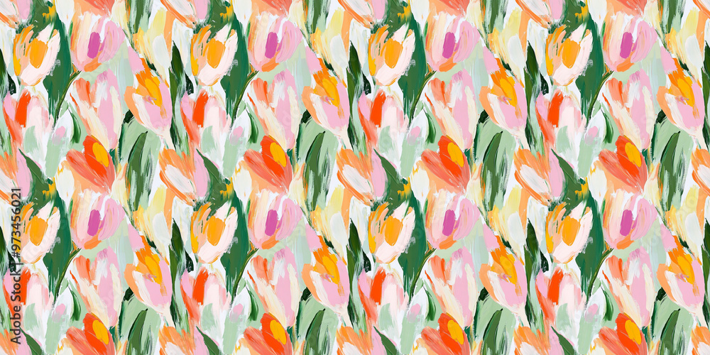 an abstract painting pattern of tulips in shades of soft pink, soft orange, and soft green on a white background an abstract painting pattern of tulips in shades of soft pink, soft orange, and soft green on a white background