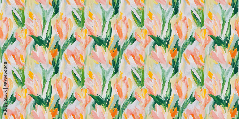 an abstract painting pattern of tulips in shades of soft pink, soft orange, and soft green on a white background an abstract painting pattern of tulips in shades of soft pink, soft orange, and soft green on a white background