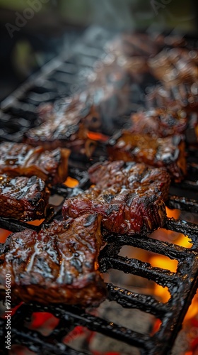 This image captures a close-up view of juicy, marinated meat pieces sizzling on a smoky barbecue grill, with flames and smoke enhancing the grilled texture and appeal. photo