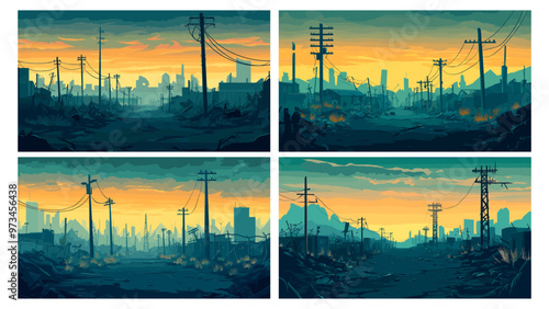 Post apocalyptic landscapes. Destroyed city road street panoramic background, nuclear war destruction dark burnt town in dusk, set vector illustration