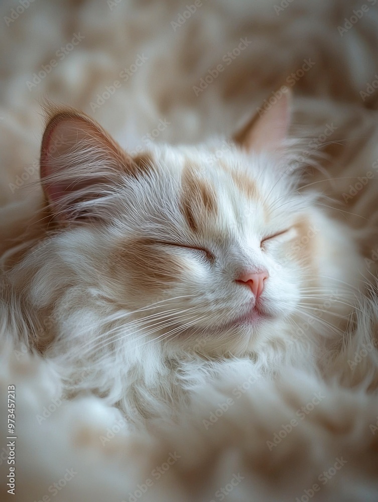 Obraz premium A Close-Up of a White and Tan Cat Sleeping in a Fuzzy Blanket
