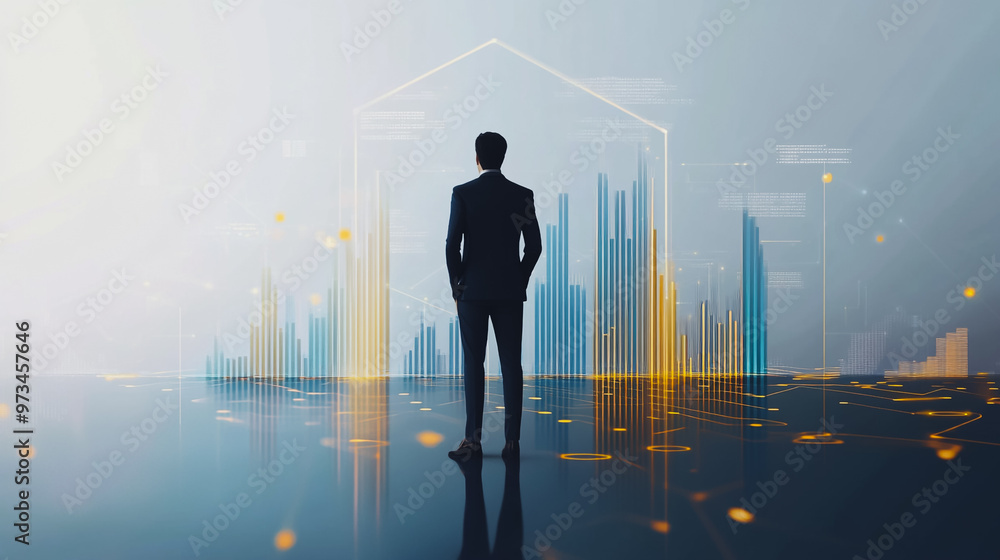 Abstract business man stands on the peak of success amid tall, innovative Smart city and graphs with statistics to analyze business potential and predict future developments in company growth. Abstract business man stands on the peak of success amid tall, innovative Smart city and graphs with statistics to analyze business potential and predict future developments in company growth.