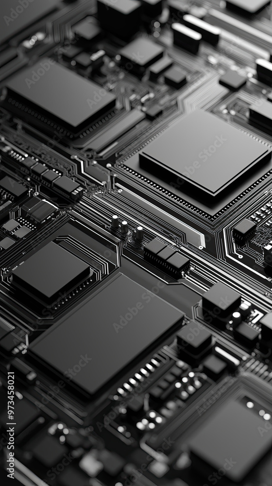 Black and silver GPU chip background. Vertical background phone wallpaper. Black and silver GPU chip background. Vertical background phone wallpaper.