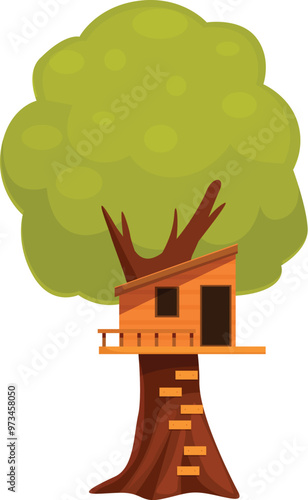 Cartoon tree house with brown wooden walls and roof standing high on green tree trunk with staircase leading to terrace for playing, resting and having fun