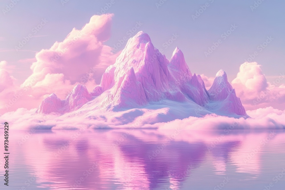 Pink and Purple Mountain Landscape with Clouds, Water, and Reflection Serene Nature Travel Scene in Sunset Light Pink and Purple Mountain Landscape with Clouds, Water, and Reflection Serene Nature Travel Scene in Sunset Light