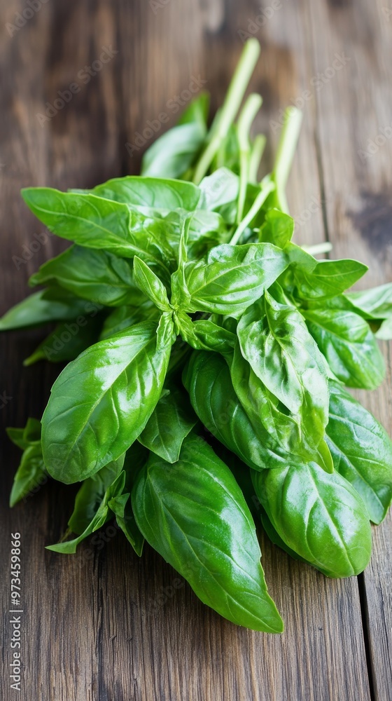 a bunch of basil leaves herb on a wooden surface a bunch of basil leaves herb on a wooden surface