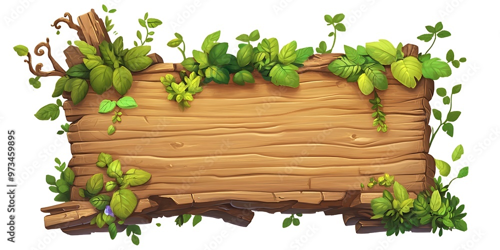 Wooden Signboard with Vines and Greenery, Blank Frame for Text or Design Wooden Signboard with Vines and Greenery, Blank Frame for Text or Design
