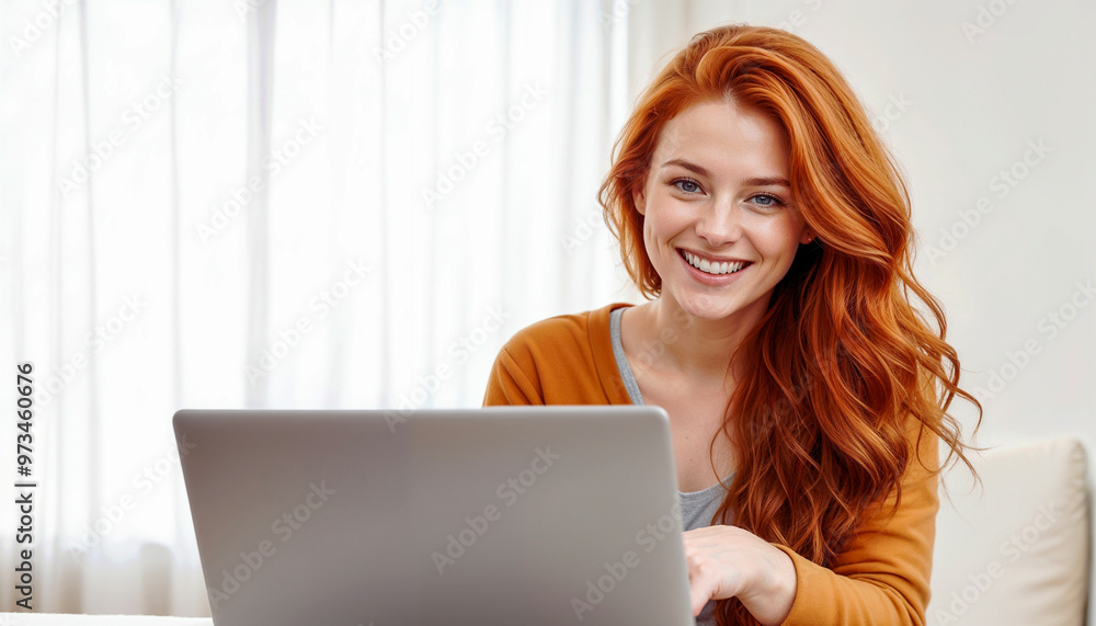 Smiling young red-haired woman using a laptop computer Smiling young red-haired woman using a laptop computer