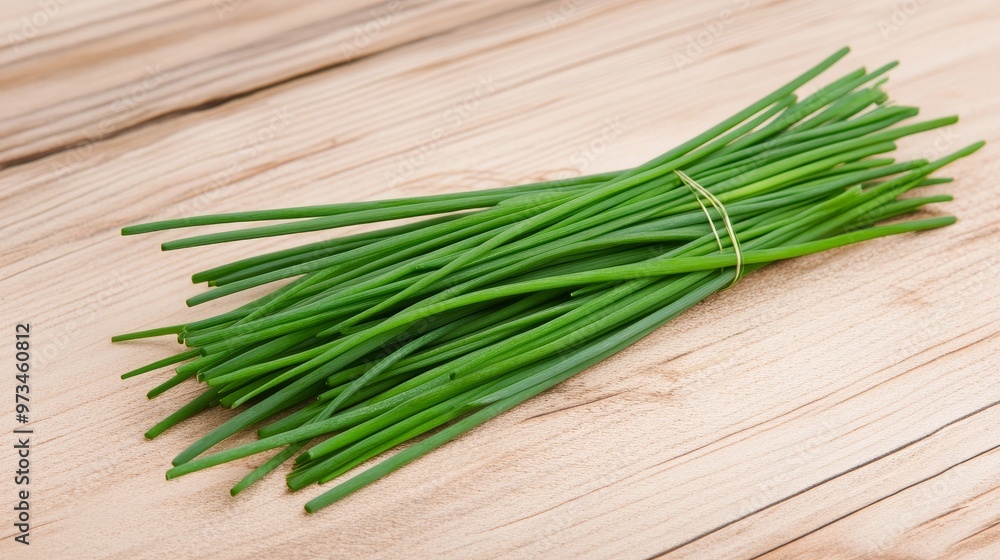 a bunch of fresh chives leaves herb on a wooden surface a bunch of fresh chives leaves herb on a wooden surface