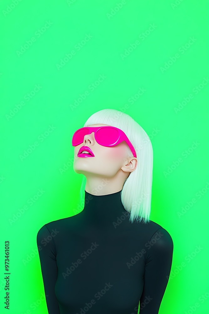 Stylish Blonde Woman in Pink Sunglasses on Green Background Stylish Blonde Woman in Pink Sunglasses on Green Background
