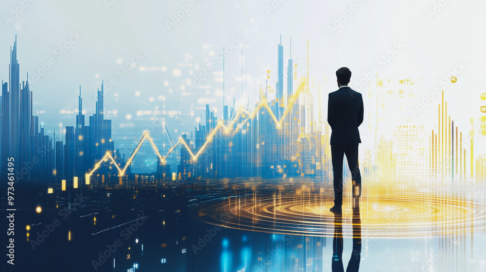 Abstract business man stands on the peak of success amid tall, innovative Smart city and graphs with statistics to analyze business potential and predict future developments in company growth. Abstract business man stands on the peak of success amid tall, innovative Smart city and graphs with statistics to analyze business potential and predict future developments in company growth.