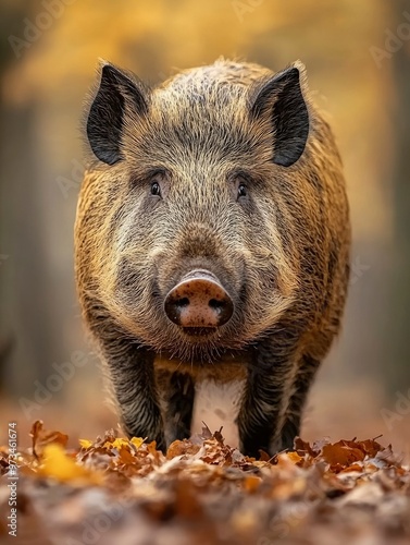 Close-up of a Wild Boar in an Autumn Forest photo