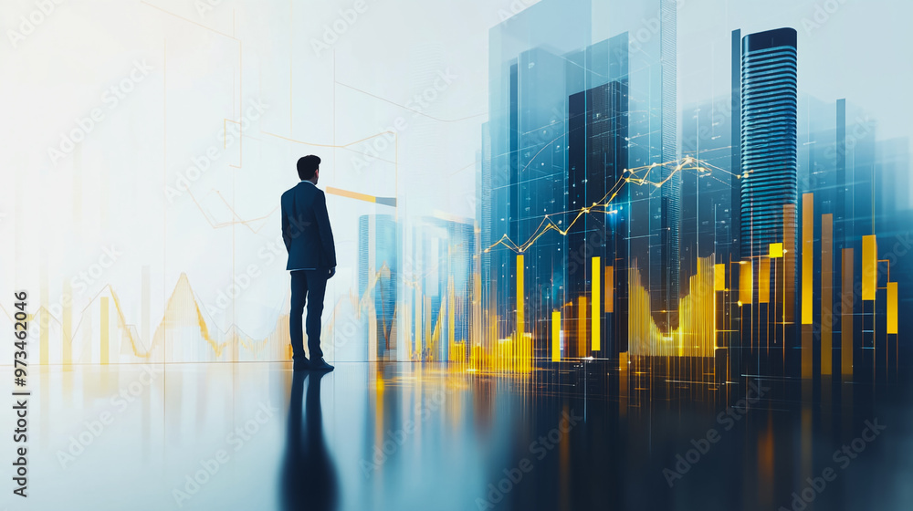 Abstract business man stands on the peak of success amid tall, innovative Smart city and graphs with statistics to analyze business potential and predict future developments in company growth. Abstract business man stands on the peak of success amid tall, innovative Smart city and graphs with statistics to analyze business potential and predict future developments in company growth.