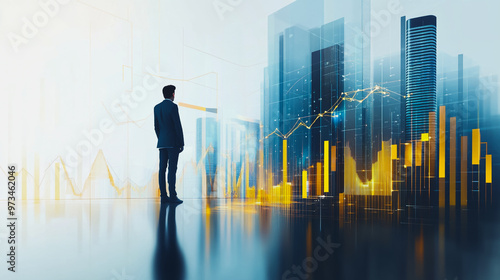 Abstract business man stands on the peak of success amid tall, innovative Smart city and graphs with statistics to analyze business potential and predict future developments in company growth. 