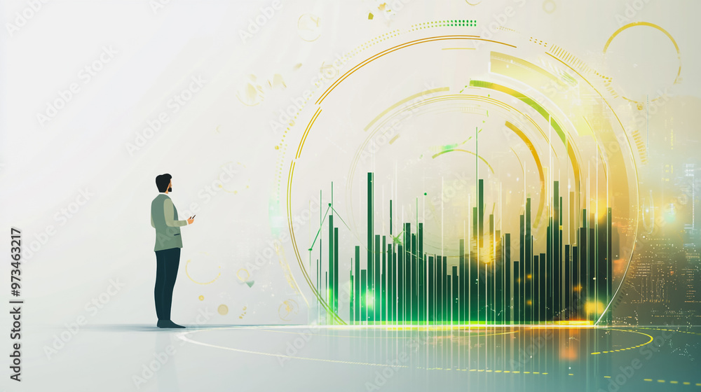 Abstract business man stands on the peak of success amid tall, innovative Smart city and graphs with statistics to analyze business potential and predict future developments in company growth. Abstract business man stands on the peak of success amid tall, innovative Smart city and graphs with statistics to analyze business potential and predict future developments in company growth.