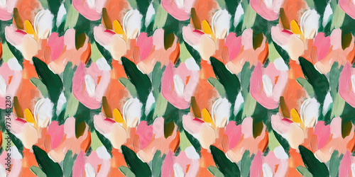 a close-up of an abstract painting with bold brushstrokes depicting tulips in various shades of pink, orange, and green on a white background