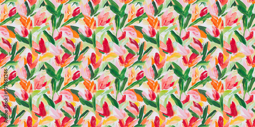 a dreamy abstract painting pattern of pink, red and orange tulips with green leaves on a